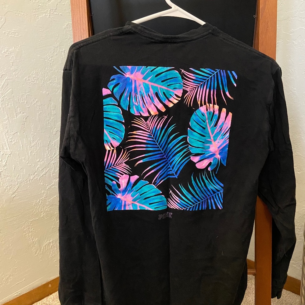 PINK Victoria’s Secret Black Long Sleeve Pocket Tee with Neon Palm Back Graphic